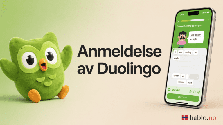 Anmeldelse av Duolingo banner med Duolingo-ugla og iPhone som viser norsk språkleksjon, med hablo.no logo i hjørnet.