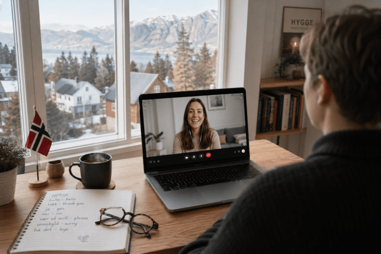 iTalki anmeldelse videosamtale Person tar nettbasert språktime på iTalki fra hjemmekontor i Norge
