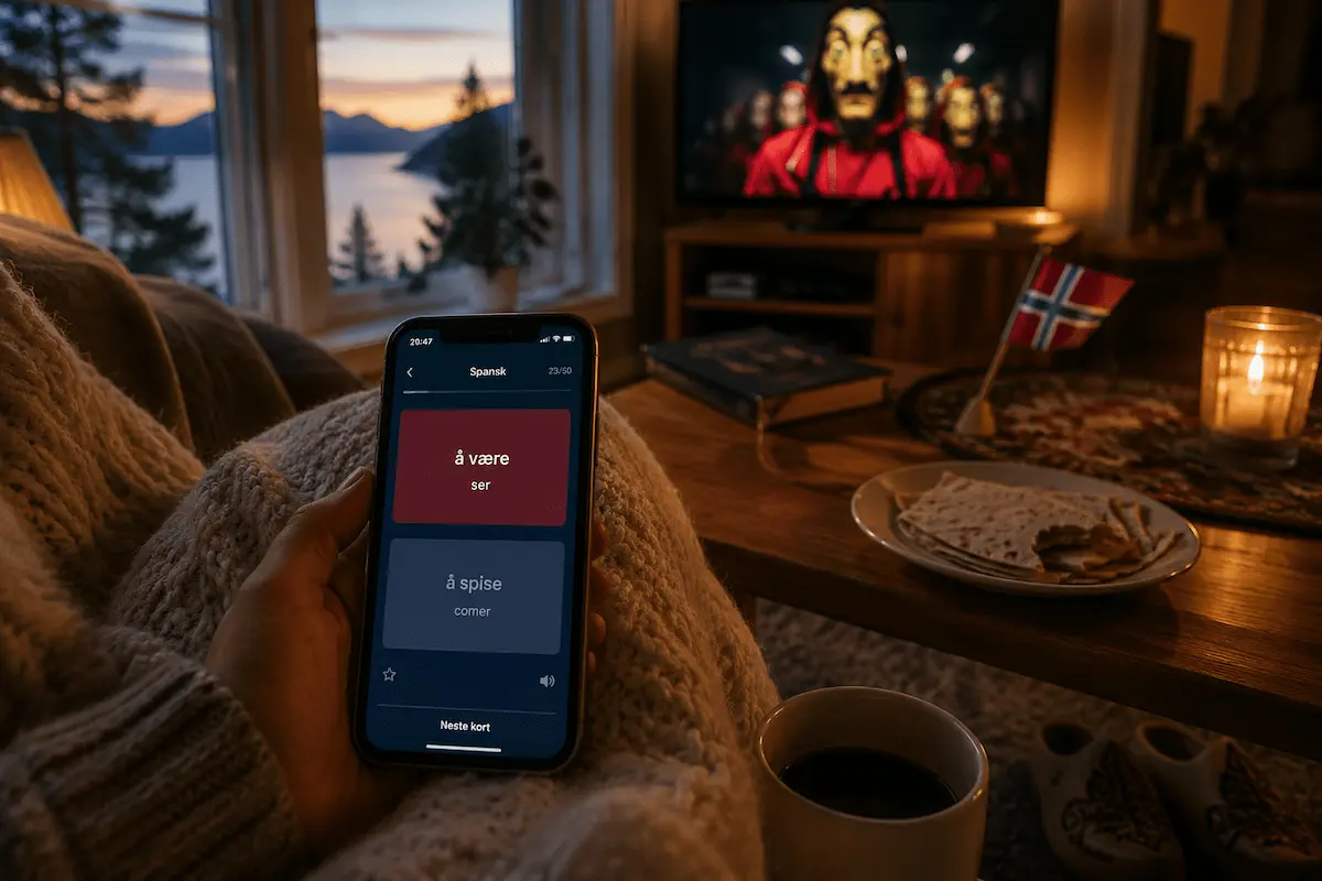 En koselig norsk stue med La Casa de Papel på TV-en og glosekort på mobilen — språklæring med Lingopie.
