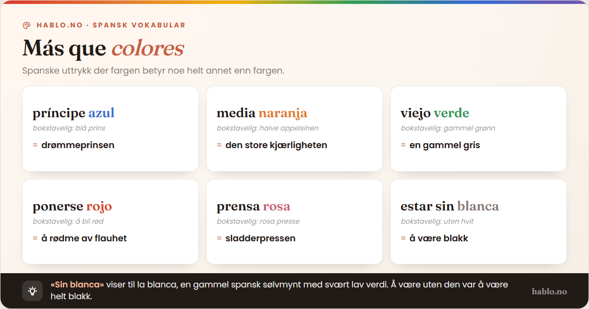 Infografikk over seks spanske uttrykk med farger: príncipe azul (drømmeprinsen), media naranja (den store kjærligheten), viejo verde (gammel gris), ponerse rojo (å rødme), prensa rosa (sladderpressen), estar sin blanca (å være blakk). Illustrerer at spanske fargeord ofte har overført betydning.