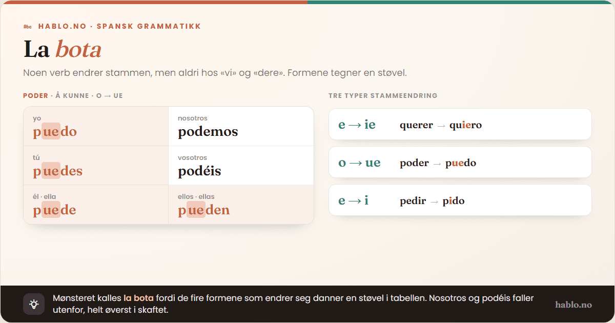 Infografikk som viser mønsteret for stammeendrende verb på spansk (la bota). Eksempel med poder (o→ue): yo puedo, tú puedes, él/ella puede, ellos/ellas pueden endrer stamme – danner en støvelform i bøyningstabellen. Nosotros podemos og vosotros podéis endres ikke. Tre typer stammeendring: e→ie (querer→quiero), o→ue (poder→puedo), e→i (pedir→pido).