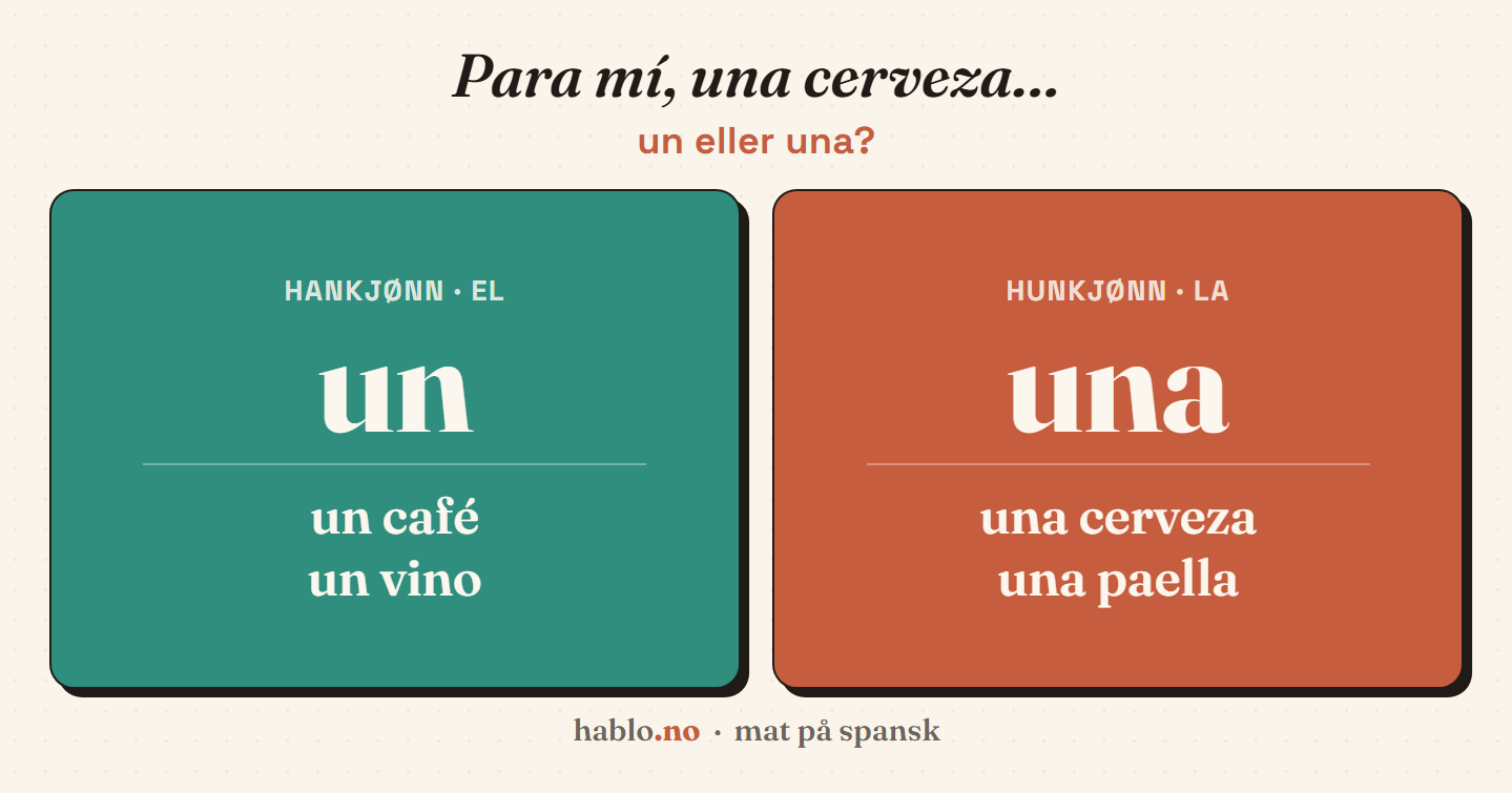Infografikk som forklarer forskjellen på un og una på spansk: un brukes foran hankjønnsord som un café og un vino, mens una brukes foran hunkjønnsord som una cerveza og una paella.