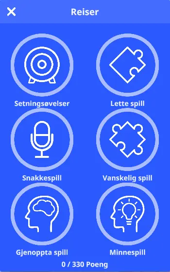 De seks spillene i uTalk: setningsøvelser, snakkespill, minnespill, lette og vanskelige spill