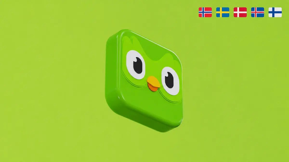 Recension av Duolingo — Duolingo-ugglan och en iPhone som visar en språklektion.