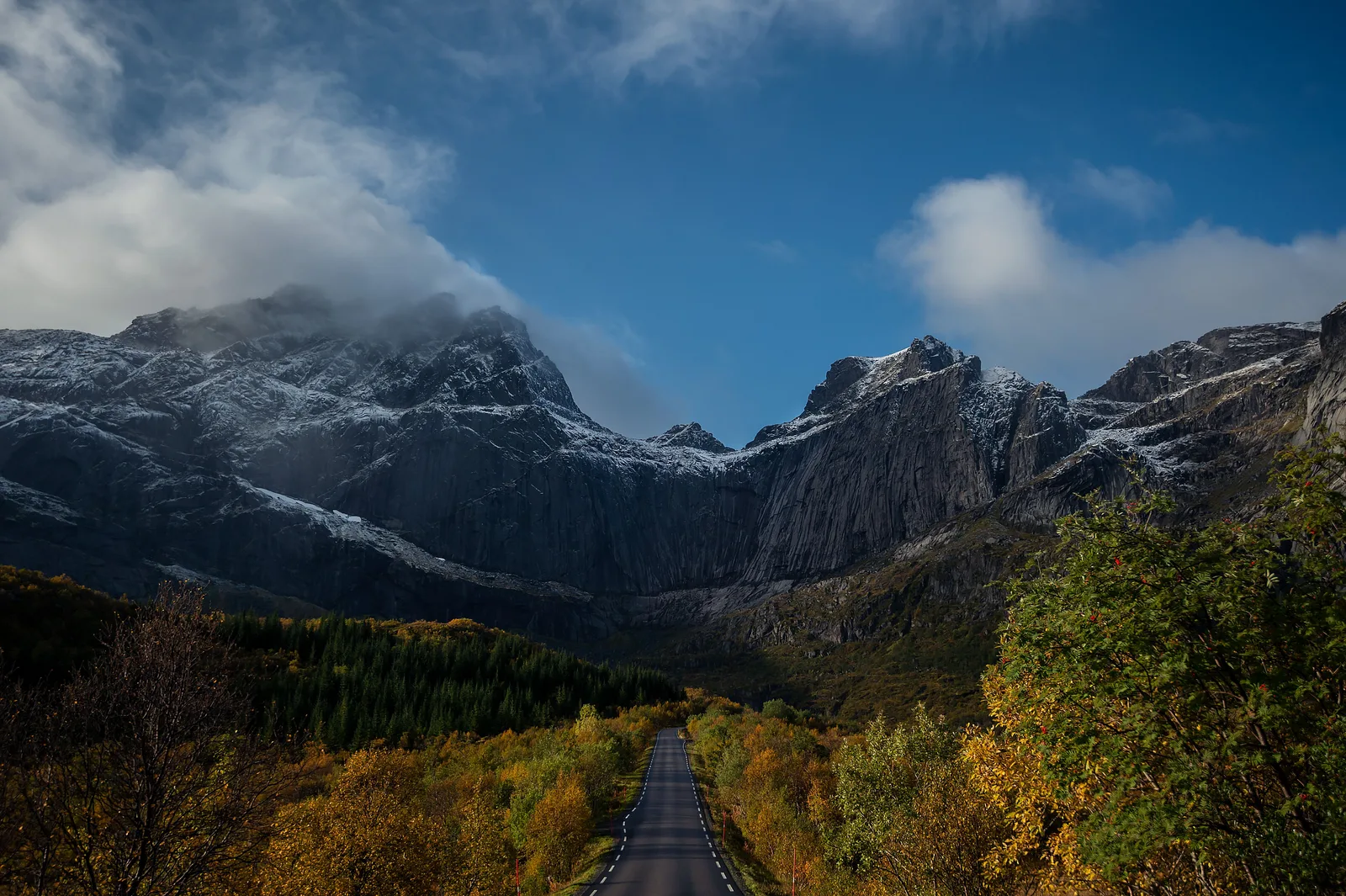 Vei som slynger seg mot bratte, snødryssede fjell i Lofoten, omgitt av gule høstfarger