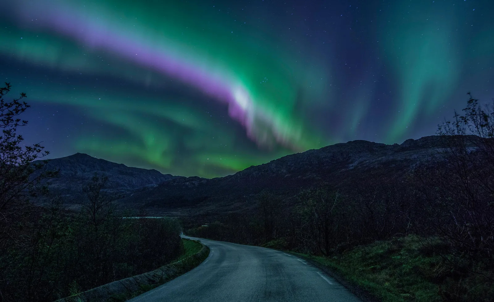 Grønt og lilla nordlys over en smal vei som slynger seg mellom fjell og kratt i Nord-Norge