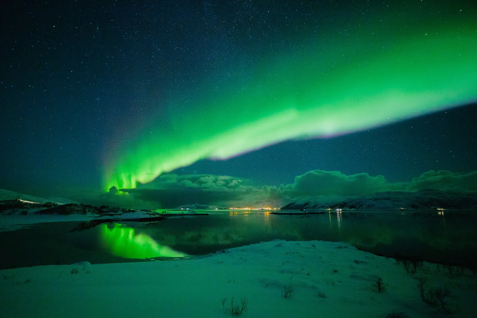Grønt nordlys over en fjord om vinteren, med snø i forgrunnen, speiling i vannet og lys fra bebyggelse på andre siden
